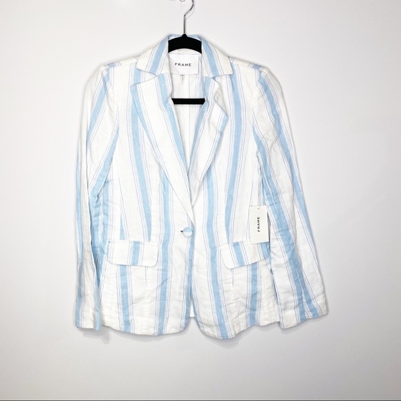 NWT FRAME Blue Stripe Linen Blazer - Picture 5 of 16